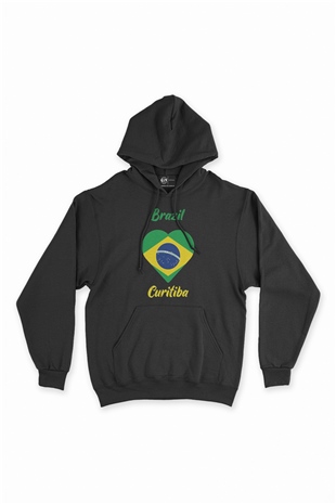 Curitiba Brezilya Bayraklı Kalpli Siyah Sweatshirt Hoodie