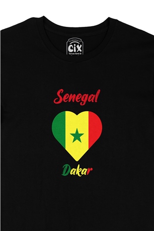 Dakar Senegal Bayraklı Kalpli Siyah Tişört