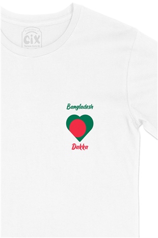 Dakka Bangladeş Bayraklı Kalpli Cep Logo Tasarımlı Beyaz Tişört