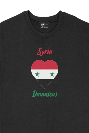 Damascus Suriye Bayraklı Kalpli Siyah Sweatshirt