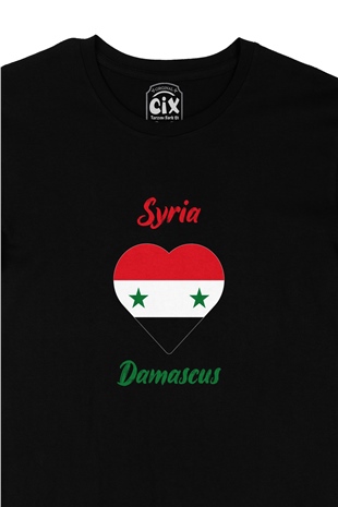 Damascus Suriye Bayraklı Kalpli Siyah Tişört