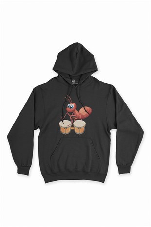 Davul Çalan Karınca Siyah Kapşonlu Sweatshirt Hoodie