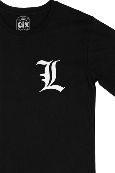 Death Note L Logolu Cep Logo Tasarımlı Siyah Tişört
