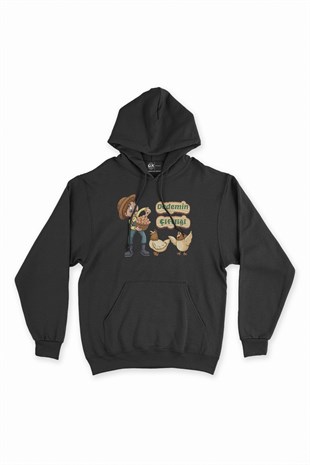 Dedemin Çiftliği Siyah Kapşonlu Sweatshirt Hoodie