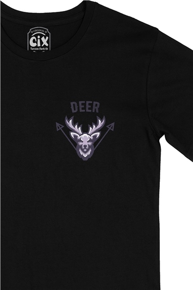 Deer Geyik Cep Logo Tasarımlı Siyah Tişört