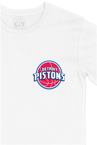 Detroit Pistons Logolu Cep Logo Tasarımlı Beyaz Tişört