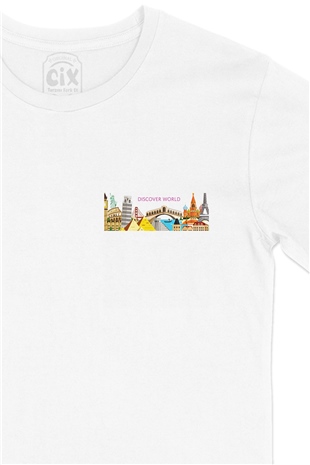 Discover World Cep Logo Tasarımlı Beyaz Tişört