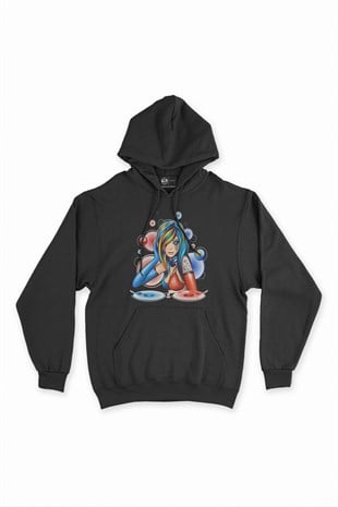 DJ Dövmeli Kız Siyah Kapşonlu Sweatshirt Hoodie