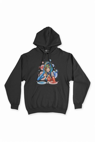 DJ Dövmeli Kız Siyah Kapşonlu Sweatshirt Hoodie