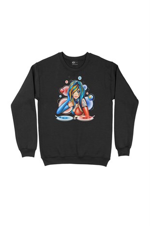 DJ Dövmeli Kız Siyah Sweatshirt