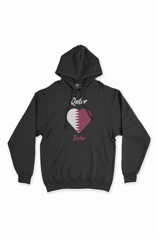 Doha Katar Bayraklı Kalpli Siyah Sweatshirt Hoodie