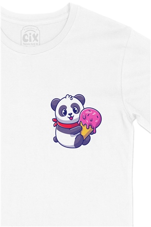 Dondurmalı Panda Cep Logo Tasarımlı Beyaz Tişört