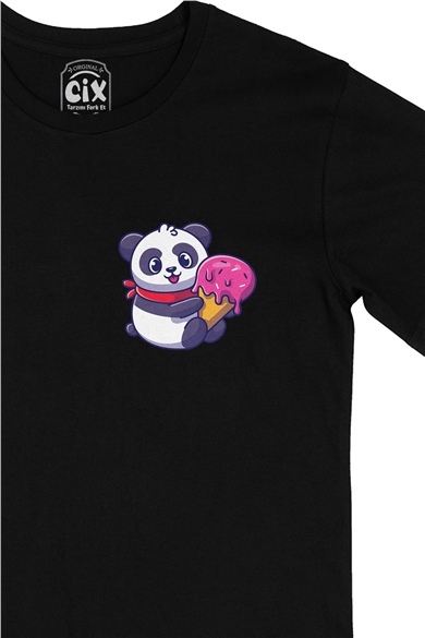 Dondurmalı Panda Cep Logo Tasarımlı Siyah Tişört