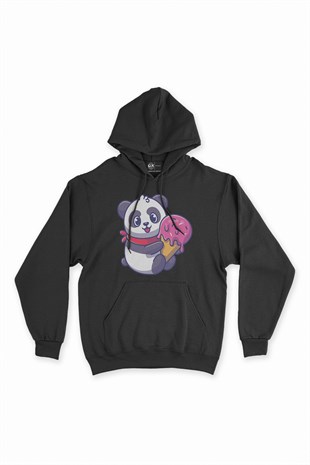 Dondurmalı Panda Siyah Kapşonlu Sweatshirt Hoodie