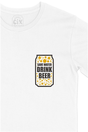 Drink Beer Save Water Cep Logo Tasarımlı Beyaz Tişört
