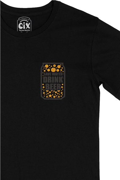 Drink Beer Save Water Cep Logo Tasarımlı Siyah Tişört
