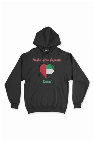 Dubai Bayraklı Kalpli Siyah Sweatshirt Hoodie