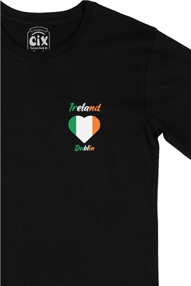 Dublin İrlanda Bayraklı Kalpli Cep Logo Tasarımlı Siyah Tişört