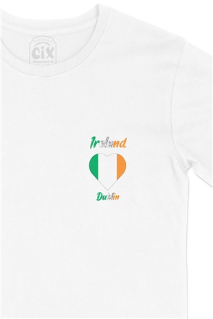 Dublin İrlanda Bayraklı Kalpli Cep Logo Tasarımlı Beyaz Tişört