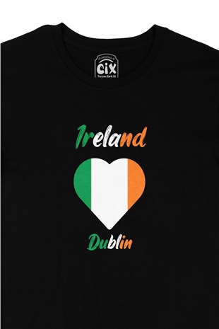 Dublin İrlanda Bayraklı Kalpli Siyah Tişört