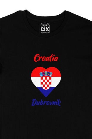 Dubrovnik Hırvatistan Bayraklı Kalpli Siyah Tişört