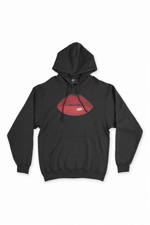 Dudak Baskılı Siyah Kapşonlu Sweatshirt Hoodie