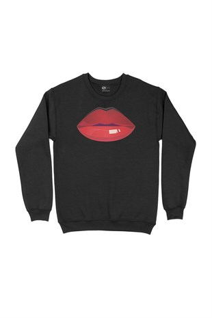 Dudak Baskılı Siyah Sweatshirt