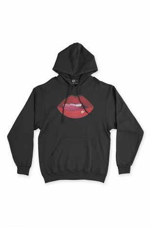 Dudak ve Dil Siyah Kapşonlu Sweatshirt Hoodie