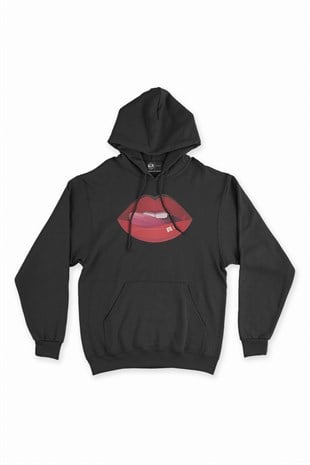 Dudak ve Dil Siyah Kapşonlu Sweatshirt Hoodie