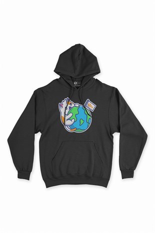 Dünya ve Kedi Siyah Kapşonlu Sweatshirt Hoodie