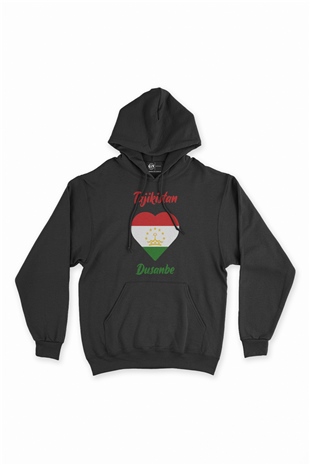 Duşanbe Tacikistan Bayraklı Kalpli Siyah Sweatshirt Hoodie