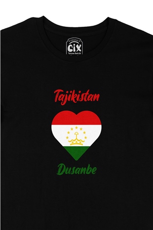 Duşanbe Tacikistan Bayraklı Kalpli Siyah Tişört