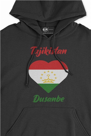 Duşanbe Tacikistan Bayraklı Kalpli Siyah Sweatshirt Hoodie