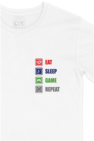 Eat Sleep Game Repeat Cep Logo Tasarımlı Beyaz Tişört