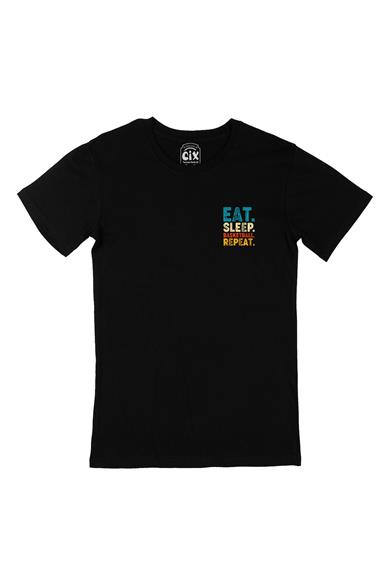 Eat Sleep Repeat Bassket Cep Tasarım Baskılı Siyah Tişört