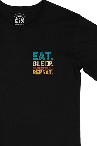 Eat Sleep Repeat Bassket Cep Tasarım Baskılı Siyah Tişört