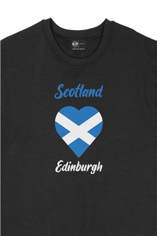 Edinburgh İskoçya Bayraklı Kalpli Siyah Sweatshirt