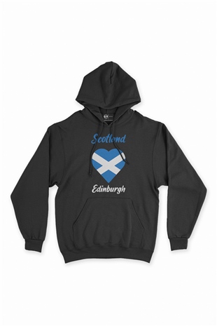 Edinburgh İskoçya Bayraklı Kalpli Siyah Sweatshirt Hoodie