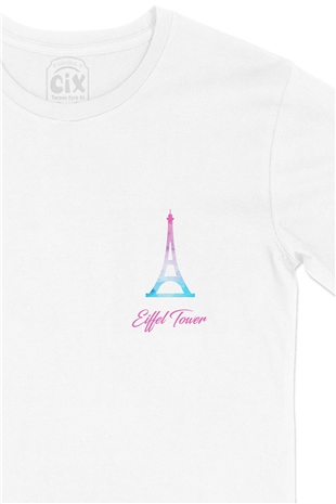 Eiffel Tower Cep Logo Tasarımlı Beyaz Tişört