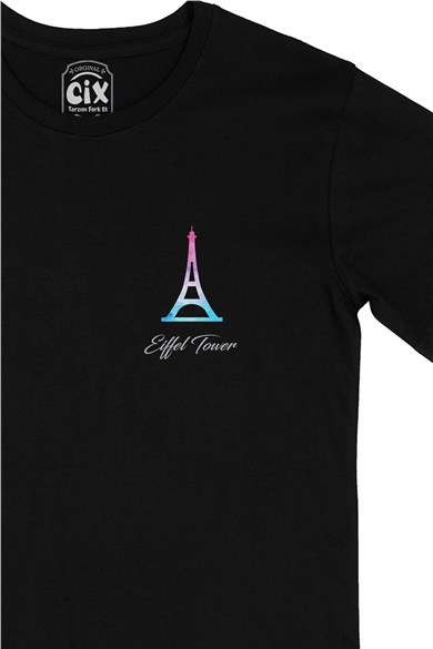 Eiffel Tower Cep Logo Tasarımlı Siyah Tişört