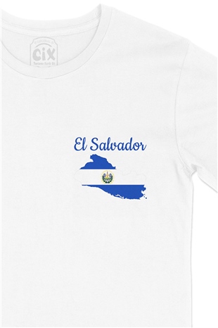 El Salvador Haritalı ve Bayraklı Cep Logo Tasarımlı Beyaz Tişört