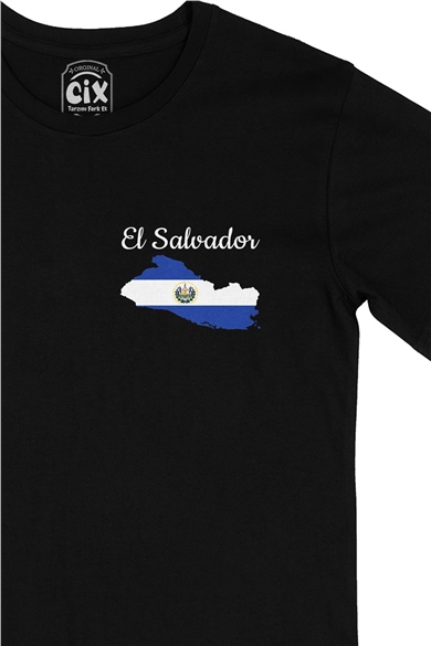 El Salvador Haritalı ve Bayraklı Cep Logo Tasarımlı Siyah Tişört