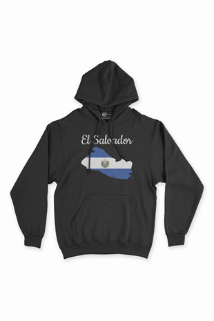 El Salvador Haritalı ve Bayraklı Siyah Kapşonlu Sweatshirt Hoodie