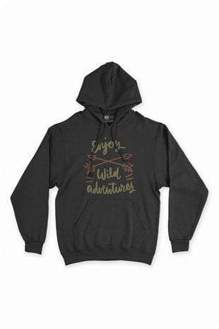 Enjoy Wild Adventures Siyah Kapşonlu Sweatshirt Hoodie