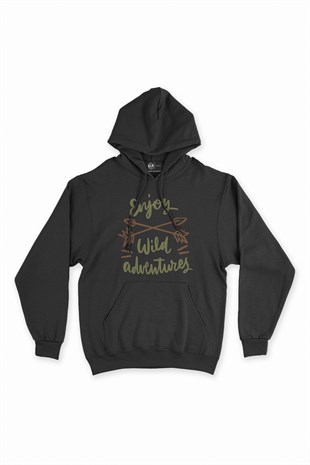Enjoy Wild Adventures Siyah Kapşonlu Sweatshirt Hoodie
