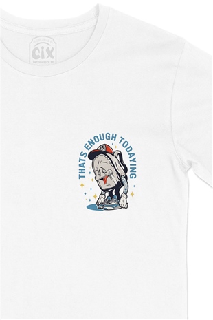 Enough Today Yorgun Cep Logo Tasarımlı Beyaz Tişört