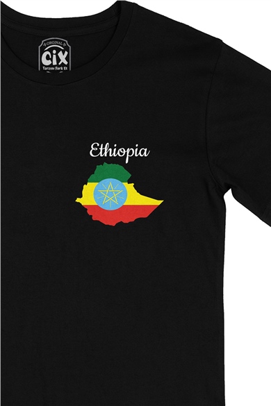 Etiyopya Haritalı ve Bayraklı Cep Logo Tasarımlı Siyah Tişört