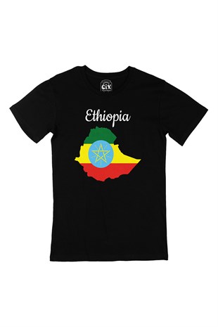Etiyopya Haritalı ve Bayraklı Siyah Tişört