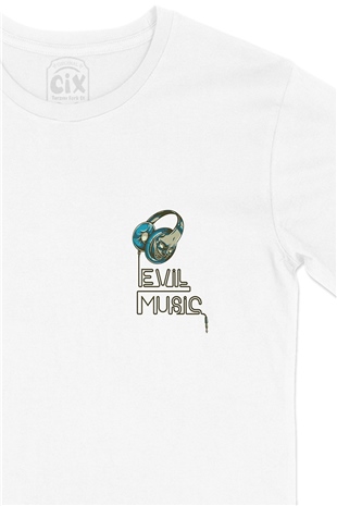 Evil Müzik Kulaklı Cep Logo Tasarımlı Beyaz Tişört