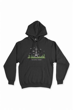 Eyfel Kulesi Siyah Kapşonlu Sweatshirt Hoodie